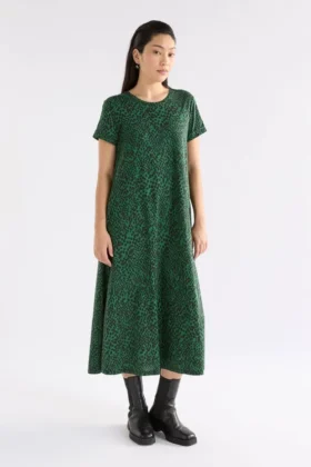 Haki-jurk met groene Sinda-print